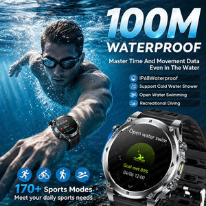 Swimmer wearing the watch underwater, close-up of silver watch with black band showing open water swim screen