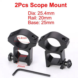 SteadyRing size chart: 1 inch (25.4mm) tube, 20mm Picatinny rail, 25mm base