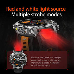 Side view of the watch showing white LED and red light on the case, with a smaller front view inset