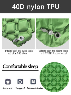 Inflate and deflate valves on a green pad