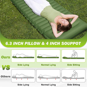 Woman resting on the green pad with the 6.3 inch built-in pillow; side, back and sitting positions