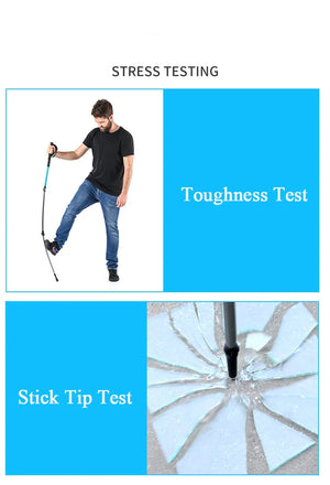 Trekking pole bend test and a pole tip pressed into broken glass