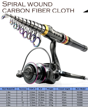 Spiral wound carbon fiber telescopic rod and reel combo with size chart
