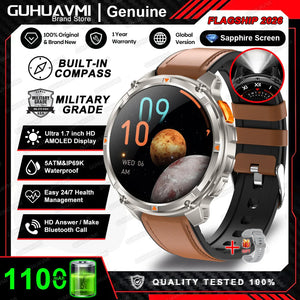 Silver smartwatch with orange crown on a brown leather band, shown with a spare grey band