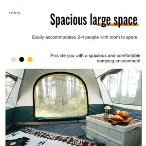 Inside the tent: big mesh door, lantern and breakfast on a camp box