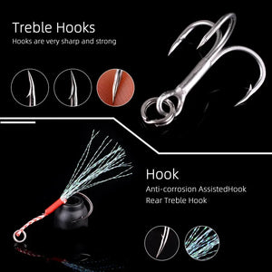 Close-up of the treble hook and the feathered assist hook
