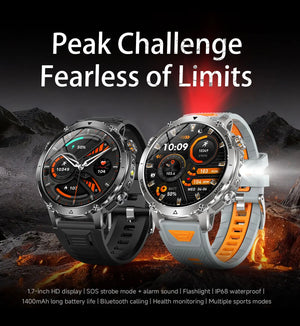Two rugged smartwatches on volcanic rock, one black strap and one grey and orange strap with light on
