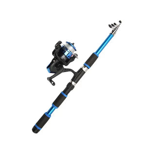 Blue telescopic spinning rod with reel attached