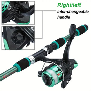 Spinning reel with left or right swap handle on a telescopic fishing rod