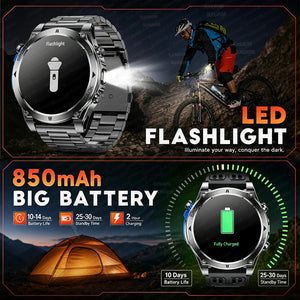 Watch LED flashlight lighting a night bike trail; battery panel with tent and fully charged watch screen