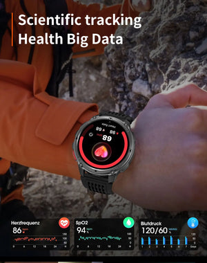 Black smartwatch on black band worn by climber, screen showing heart icon and red ring reading
