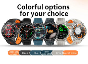 Six smartwatch colors side by side: black-orange, black, blue, blue camo, grey, and grey-orange