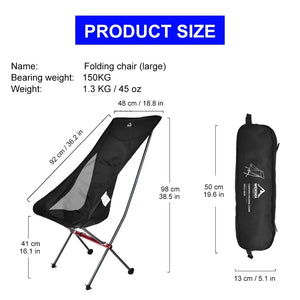 High back camping chair size: 18.8 in wide, 38.5 in tall, seat 16.1 in high