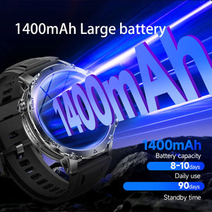 Front of black-strap watch with large glowing 1400mAh graphic and daily use and standby day figures