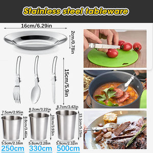 Stainless plate, folding fork, spoon and knife, and 250, 330 and 500 ml cups