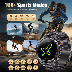 Smartwatch on black steel link bracelet showing a route screen, with surf, riding, climbing and running photos
