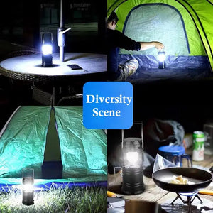 Black lantern on a patio table, in a tent, by a tent door and next to a camp stove