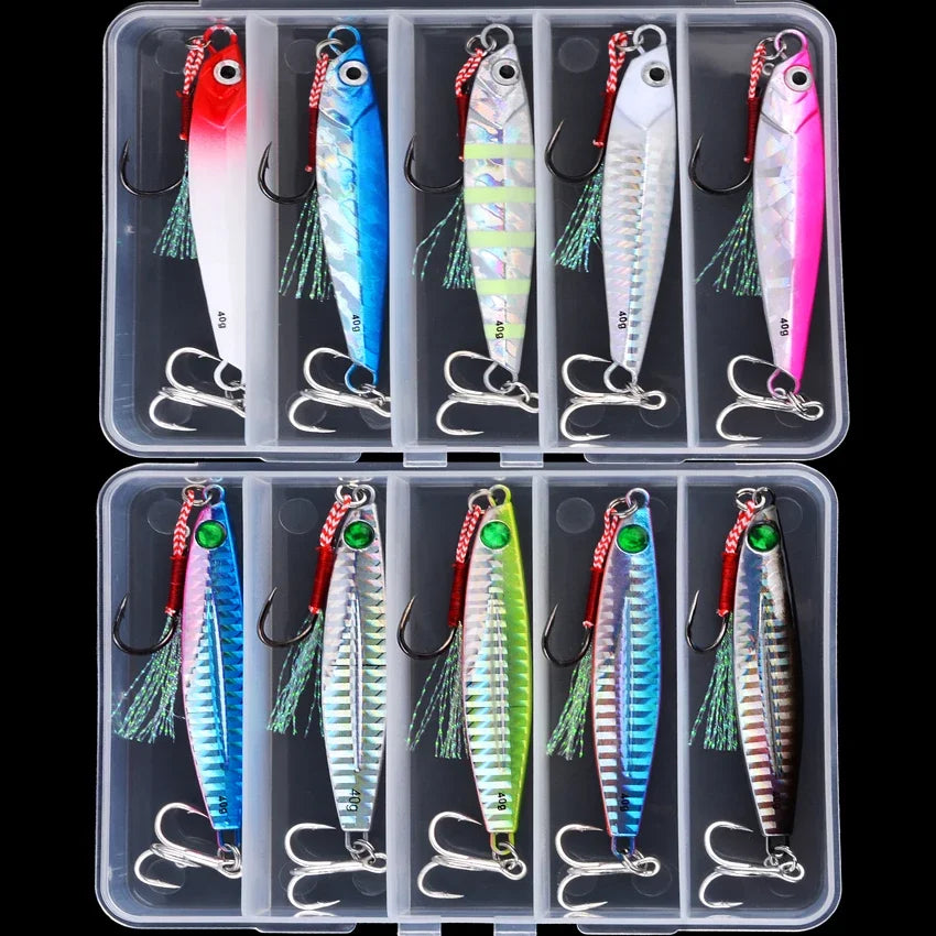 Ten metal jig lures in two clear lure boxes
