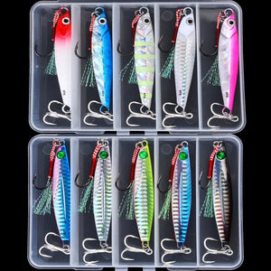 Ten metal jig lures in two clear lure boxes