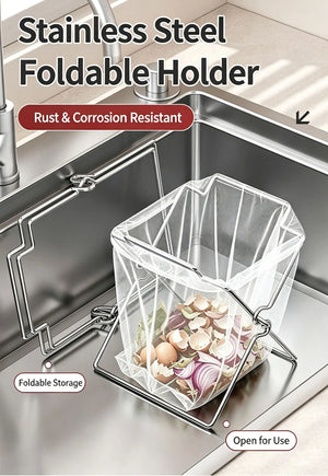 Steel bag holder open by the sink with scraps; labels show it folds flat for storage