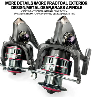 Spinning reel detail with metal gear and brass spindle
