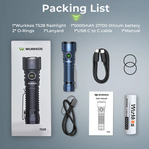 Packing list: blue TS28 flashlight, 5000 mAh battery, USB-C cord, lanyard, 2 O-rings, manual