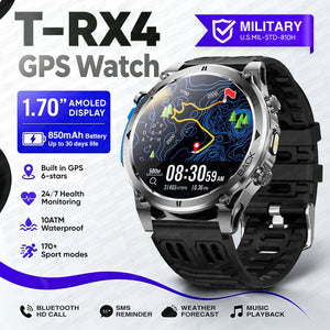 Gray watch with black silicone band and blue side key, topo map watch face with steps and distance