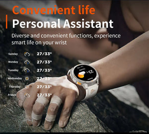 Silver smartwatch with white band on climber's wrist showing weather screen and weekly forecast