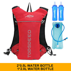 Red hydration vest with two soft bottles and a 2L water bladder