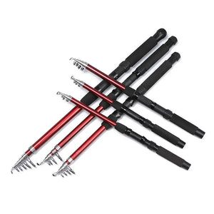 Three red fiberglass telescopic fishing rods, extended and crossed