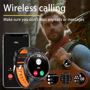 Black smartwatch with black and orange band showing incoming call screen next to a phone