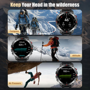 Smartwatch on steel bracelet showing compass, altitude and air pressure screens with hiking and climbing scenes