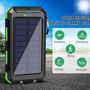 Green TrailCell solar power bank with carabiner, with icons for travel, camping, hiking, fishing and beach