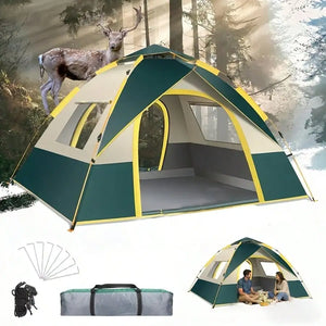 Dark green tent with stakes, ropes and carry bag; couple sitting inside