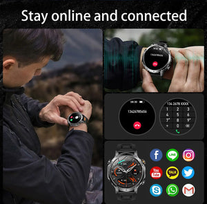 Man checking the watch outdoors, call screen and dial pad close-ups, and social app notification icons