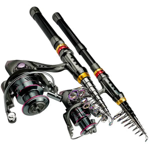Two extended telescopic rods with spinning reels, rod and reel combo