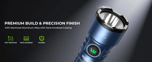 Close-up of the blue flashlight head with a bright beam