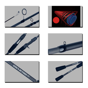 Travel fishing rod close-ups of guides, reel seat, blank and cloth bag
