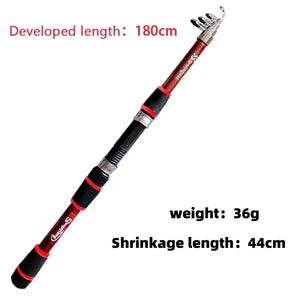 Red telescopic fishing rod shown at full 180 cm length