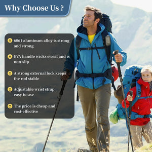Two hikers on a mountain trail using trekking poles, with a list of pole features
