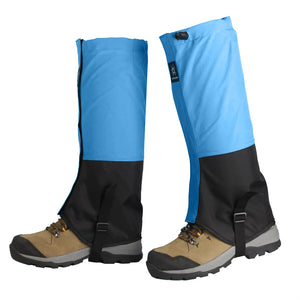 Light blue and black DriftPeak leg gaiters on hiking boots