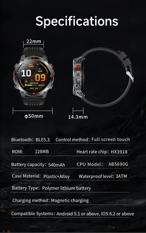 Spec chart with front and side views of a black smartwatch: 50mm case, 14.3mm thick, 22mm band