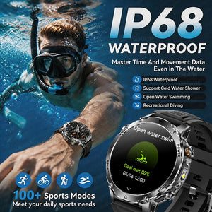 Snorkeler underwater wearing the watch, plus close-up of watch with black strap showing a swim screen