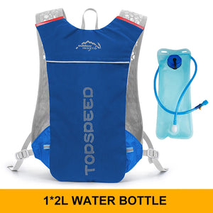 Blue hydration vest with a 2L water bladder