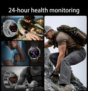Collage of hiker climbing rocks, sleeping man and runner, each paired with a watch screen close-up