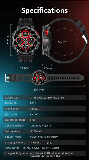 Black smartwatch with red dial shown front, side and flat, with dimensions and spec table