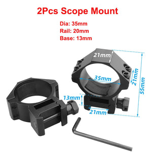 SteadyRing size chart: 35mm tube, 20mm Picatinny rail, 13mm base, 55mm tall