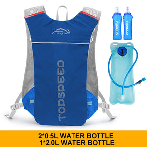 Blue hydration vest with two soft bottles and a 2L water bladder