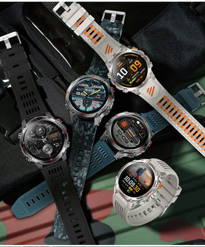 Flat lay of five smartwatches with black, blue camouflage, blue, grey-orange and grey bands