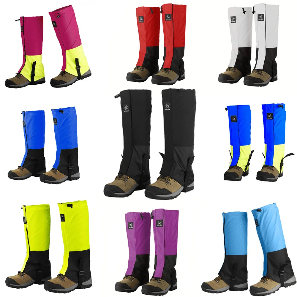 Black DriftPeak leg gaiters over hiking boots stepping through deep snow on a mountain trail
